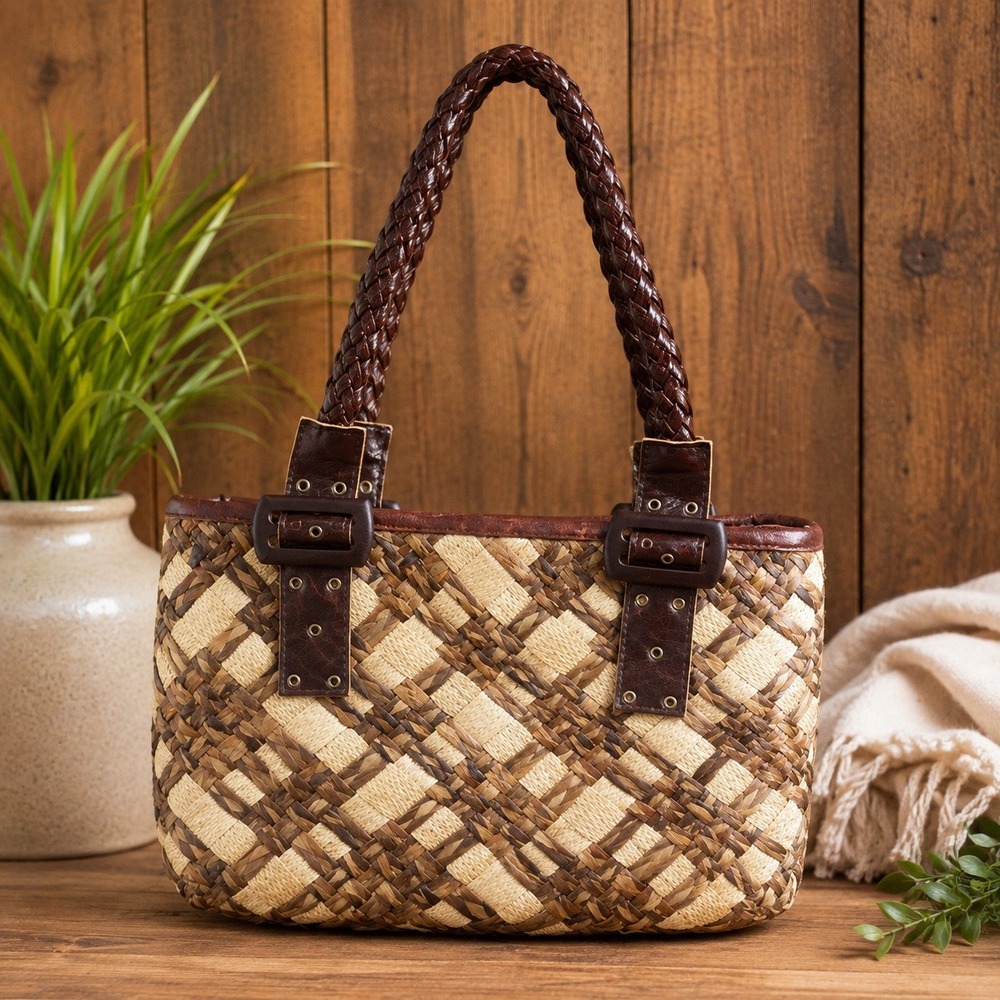 Woven Straw Checkered Tote Bag Brown Braided Handle Boho Shoulder Bag 3165